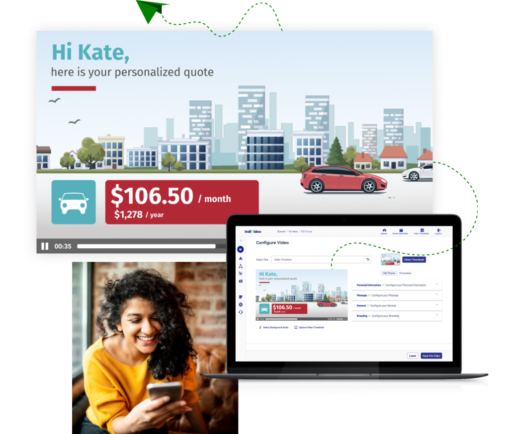 A personalized insurance quote displayed on a screen for 'Kate,' showing a rate of $106.50 per month or $1,278 per year. The screen also includes a module for configuring video settings and personal information.